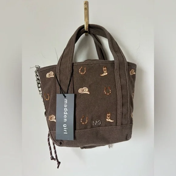 Viral Madden Girl Western Brown Mini Tote with bag charms - Picture 6 of 7
